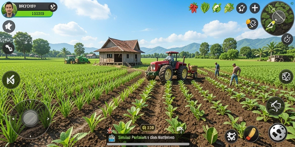 Tampilan gameplay BRO138 yang menyoroti aktivitas bertani dan merawat hewan.