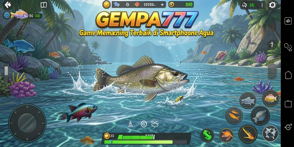 Tampilan gameplay nyata GEMPA777 dengan berbagai jenis ikan dan alat pancing.